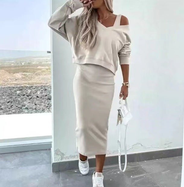 Strick-Zweiteiler Damen: Pullover mit Schulter-Cutout und Midirock in Beige