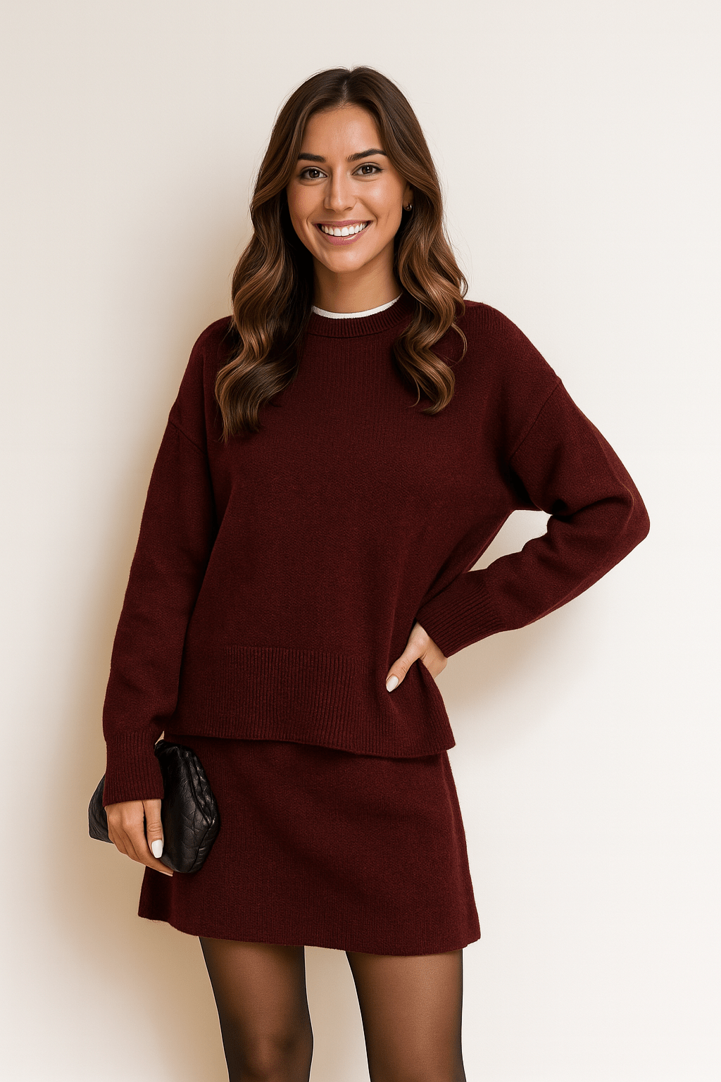 Strick-Zweiteiler Damen: weiter Pullover mit Rundhals und kurzer Strickrock