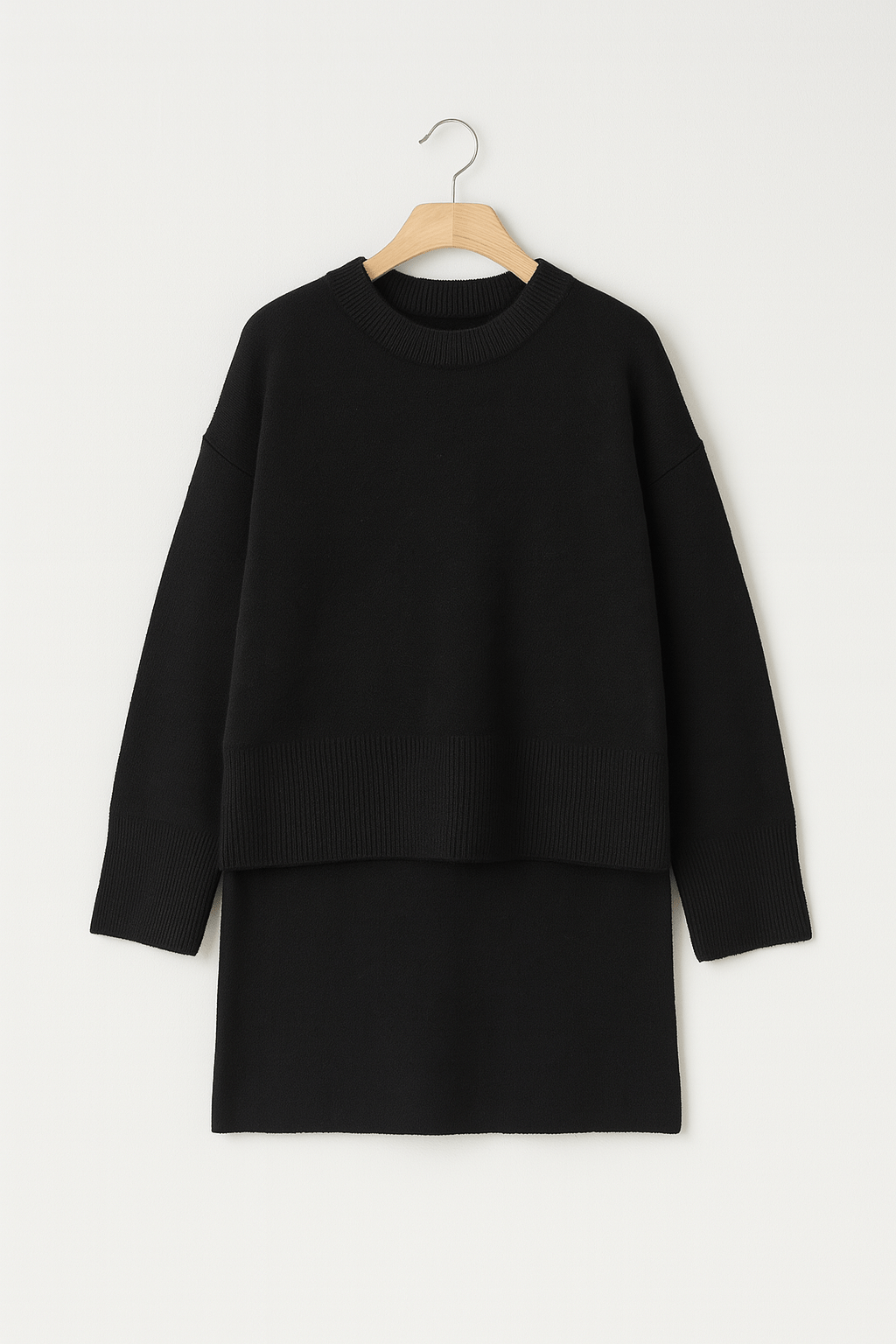 Strick-Zweiteiler Damen: weiter Pullover mit Rundhals und kurzer Strickrock