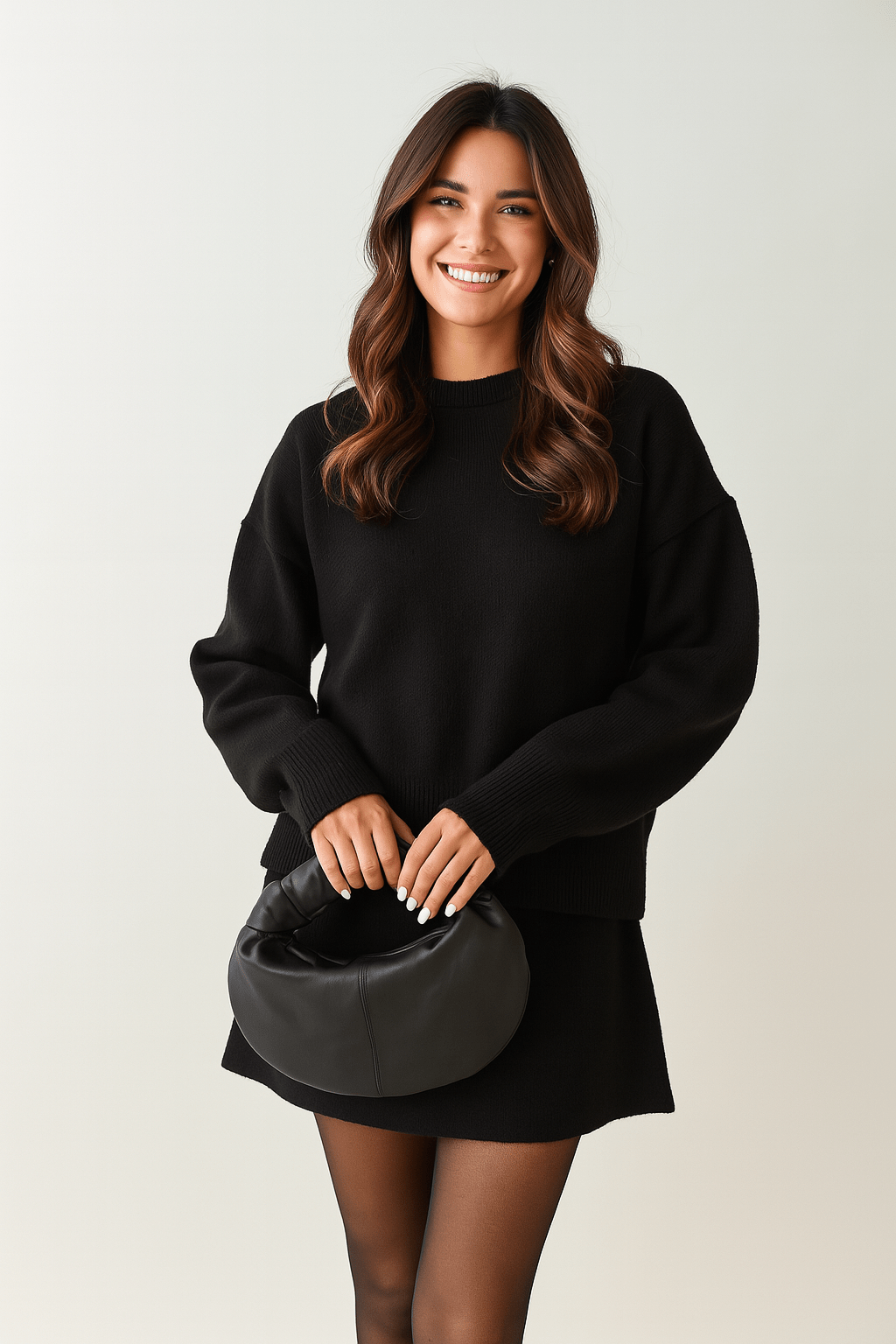 Strick-Zweiteiler Damen: weiter Pullover mit Rundhals und kurzer Strickrock