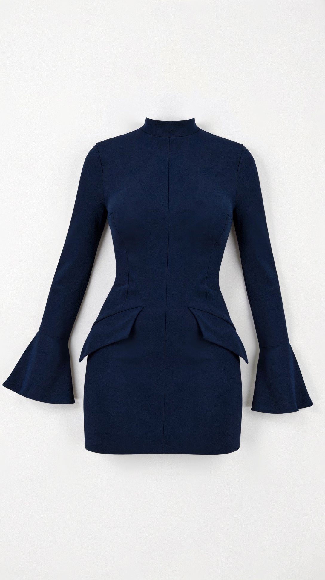 Etuikleid Damen langarm mit Stehkragen und Pattentaschen, kurz in Marine Blau