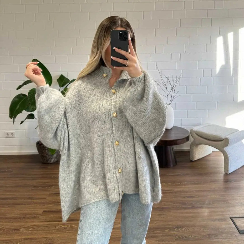 Oversize Strickjacke Damen mit Goldknöpfen, Grobstrick Cardigan - Ansicht 32