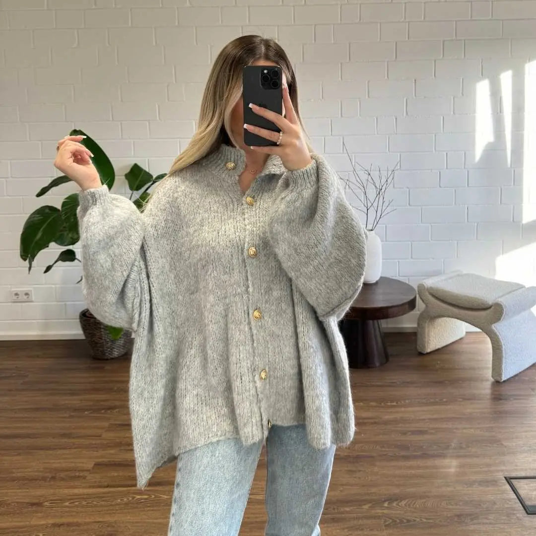 Oversize Strickjacke Damen mit Goldknöpfen, Grobstrick Cardigan - Ansicht 32