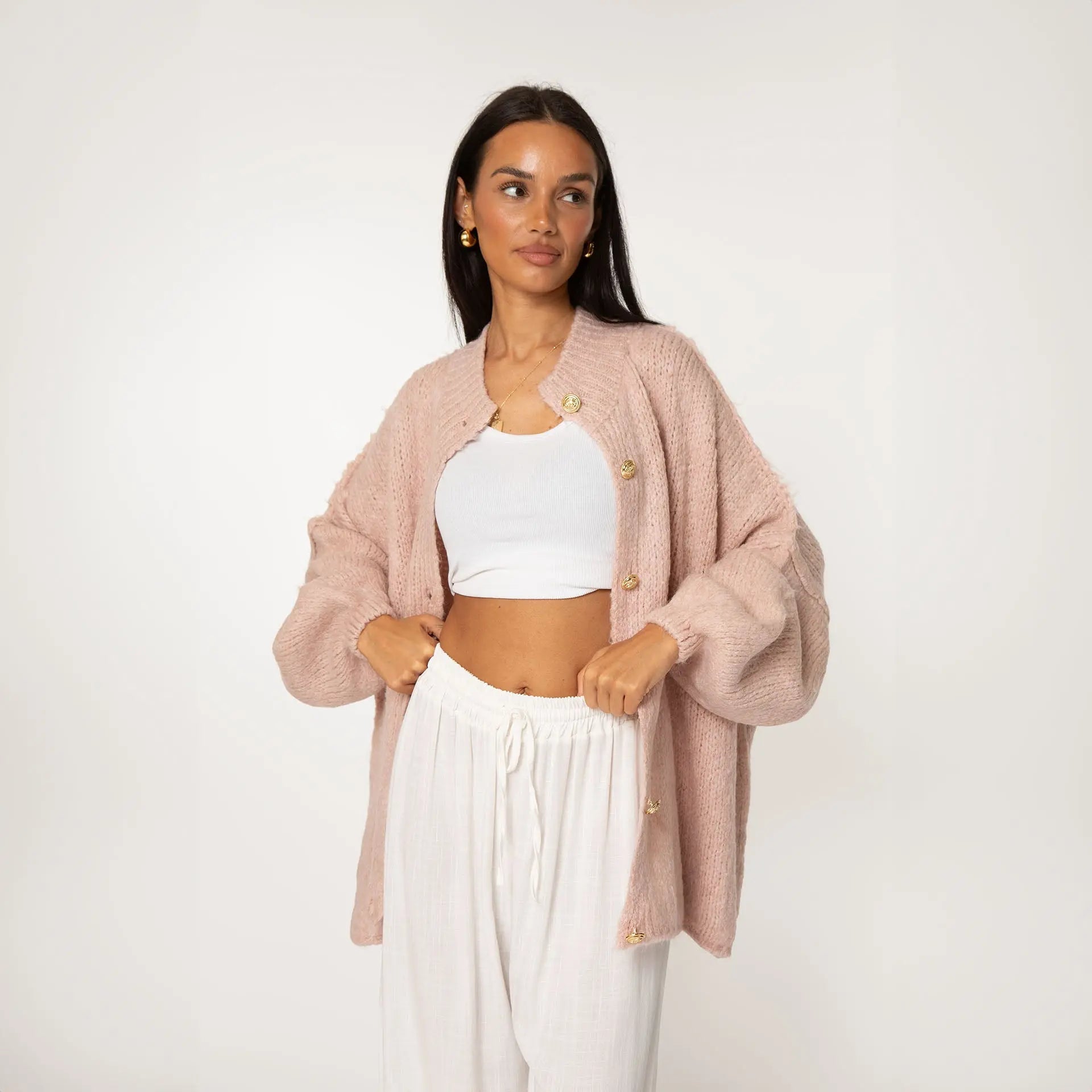 Oversize Strickjacke Damen mit Goldknöpfen, Grobstrick Cardigan - Ansicht 16