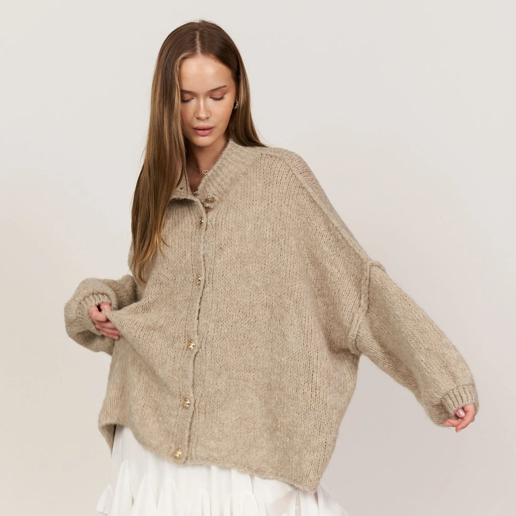 Oversize Strickjacke Damen mit Goldknöpfen, Grobstrick Cardigan - Ansicht 5