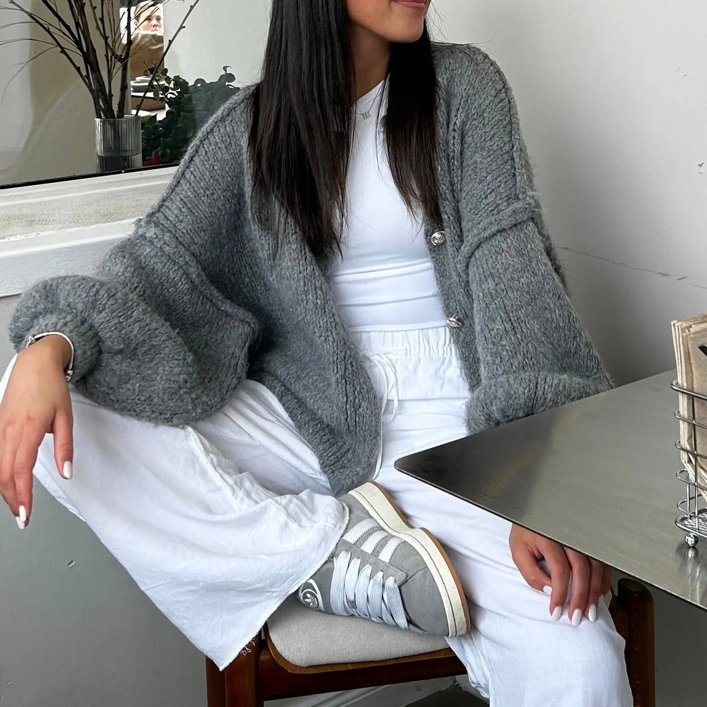 Oversize Strickjacke Damen mit Goldknöpfen, Grobstrick Cardigan - Ansicht 21