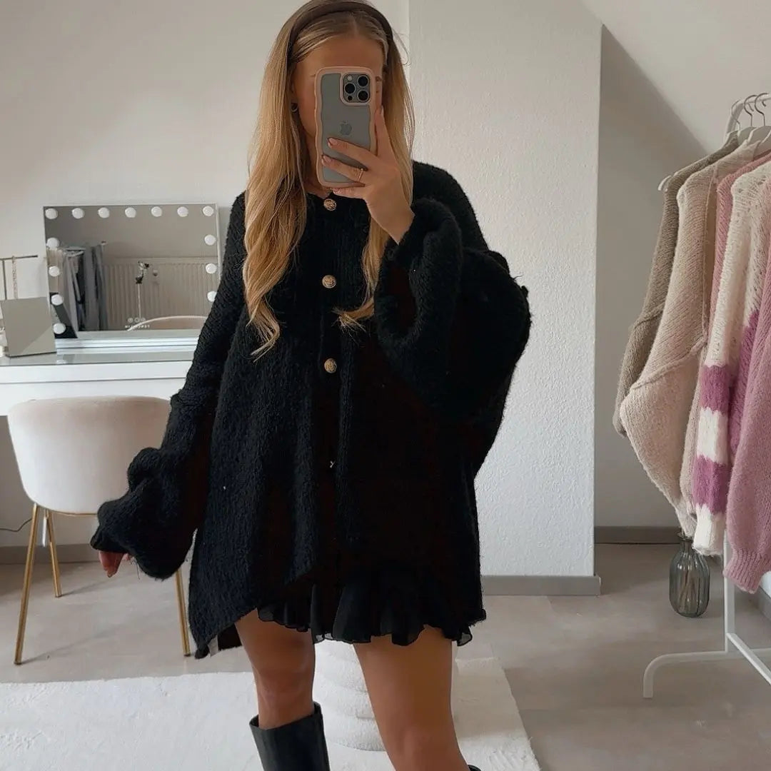 Oversize Strickjacke Damen mit Goldknöpfen, Grobstrick Cardigan - Ansicht 33