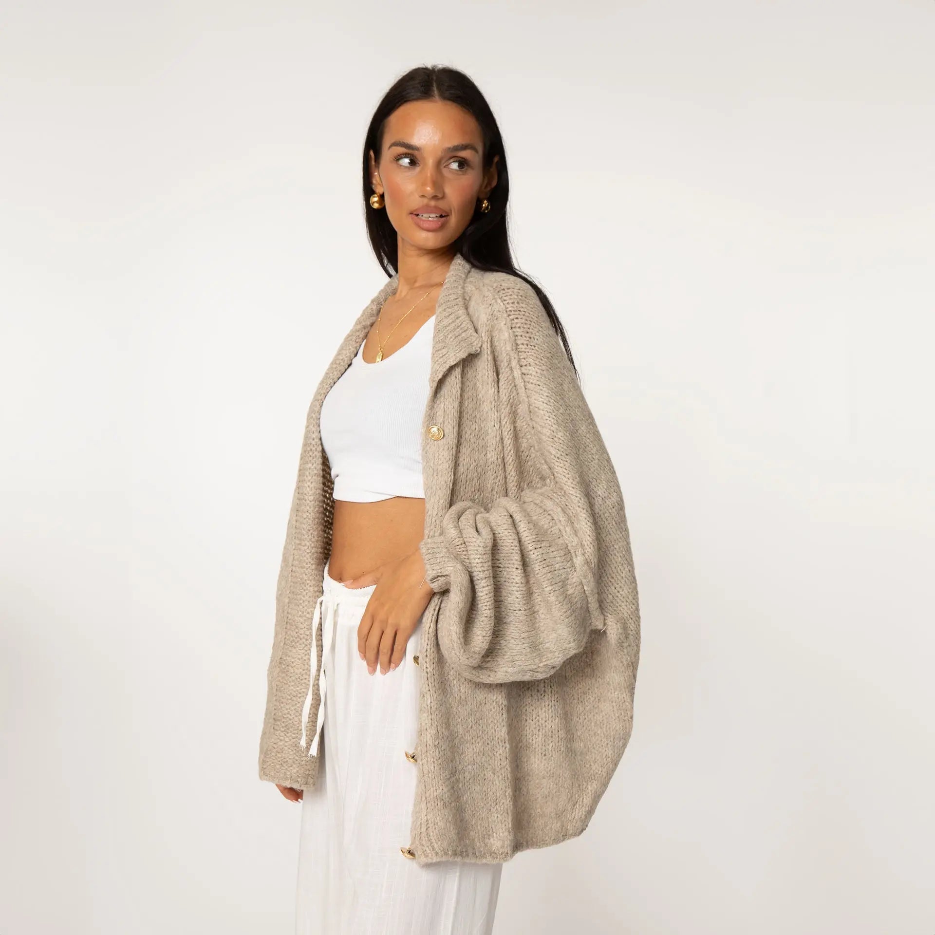 Oversize Strickjacke Damen mit Goldknöpfen, Grobstrick Cardigan - Ansicht 6
