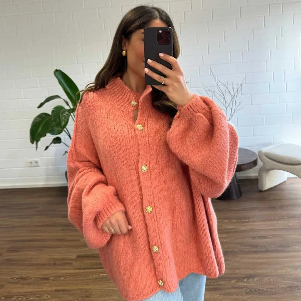 Oversize Strickjacke Damen mit Goldknöpfen, Grobstrick Cardigan - Ansicht 26