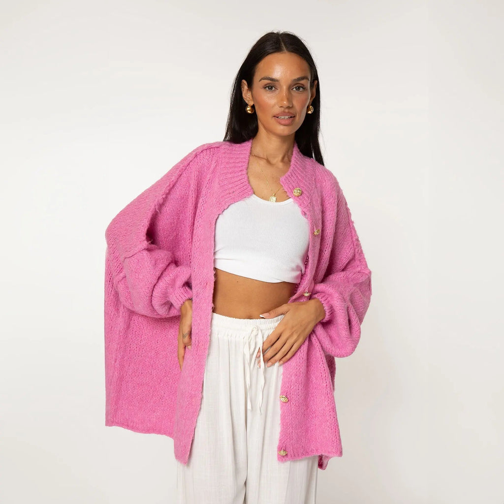 Oversize Strickjacke Damen mit Goldknöpfen, Grobstrick Cardigan - Ansicht 19