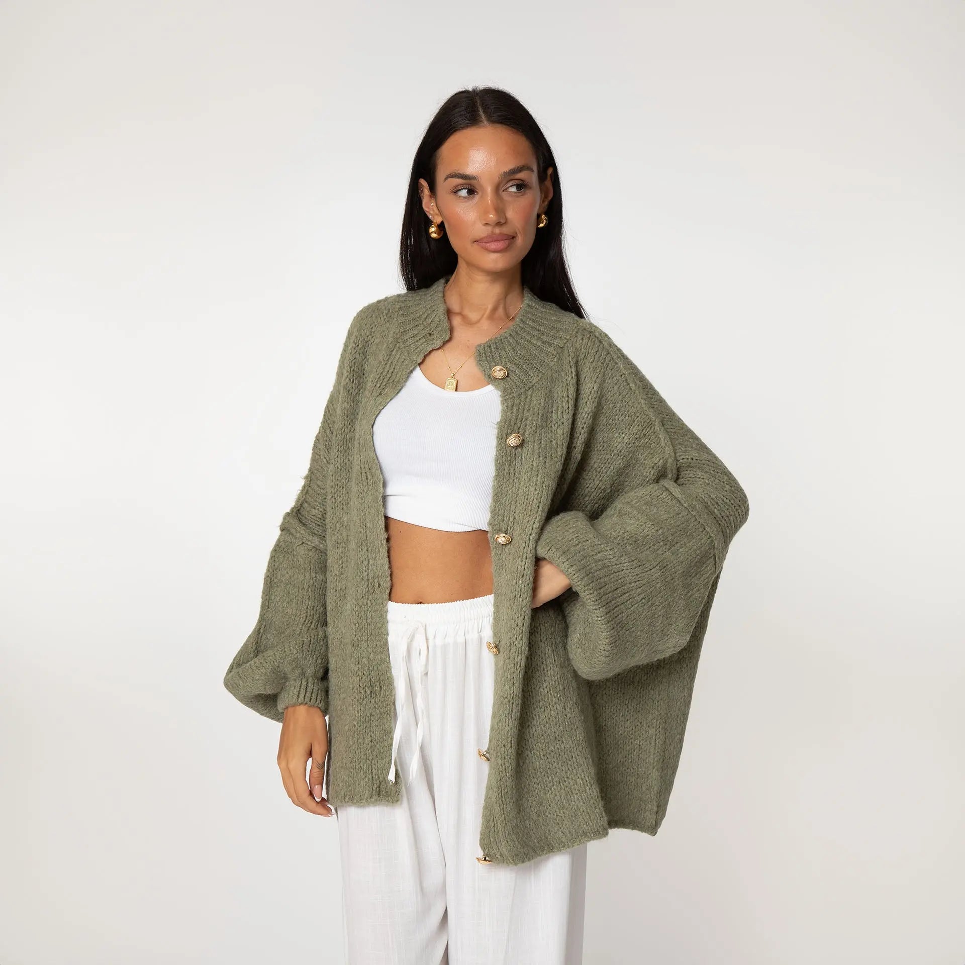 Oversize Strickjacke Damen mit Goldknöpfen, Grobstrick Cardigan - Ansicht 17