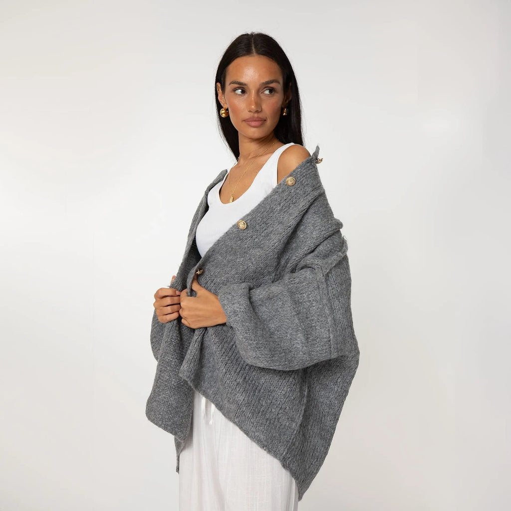 Oversize Strickjacke Damen mit Goldknöpfen, Grobstrick Cardigan - Ansicht 20