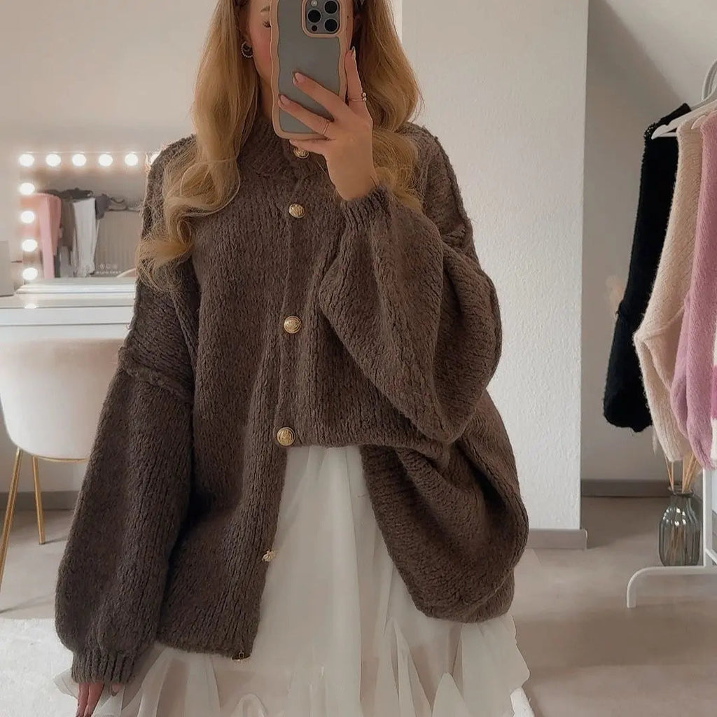 Oversize Strickjacke Damen mit Goldknöpfen, Grobstrick Cardigan - Ansicht 30