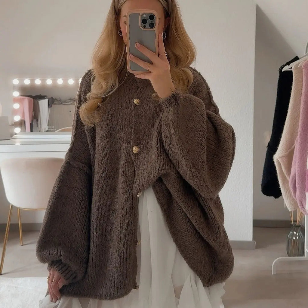 Oversize Strickjacke Damen mit Goldknöpfen, Grobstrick Cardigan - Ansicht 31