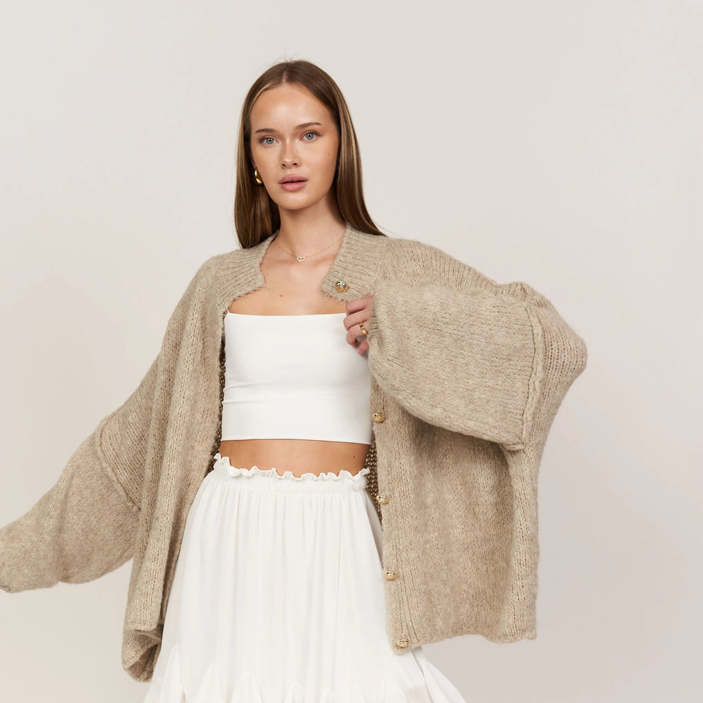 Oversize Strickjacke Damen mit Goldknöpfen, Grobstrick Cardigan - Ansicht 4