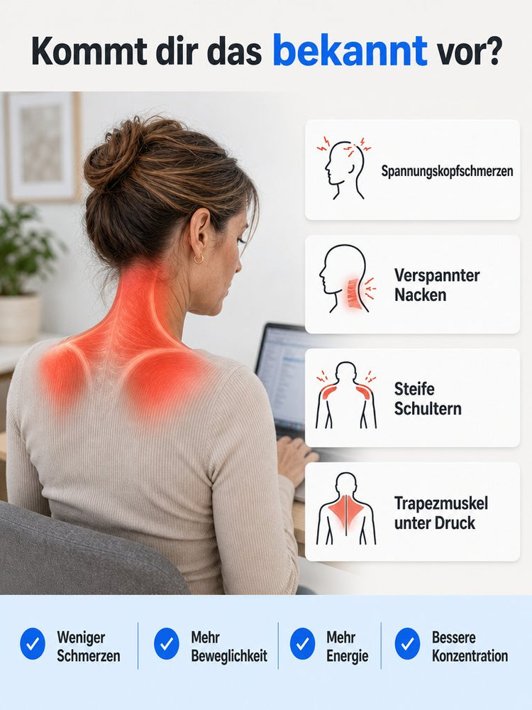 Typische Schmerzzonen im Nacken- und Schulterbereich nach langem Sitzen