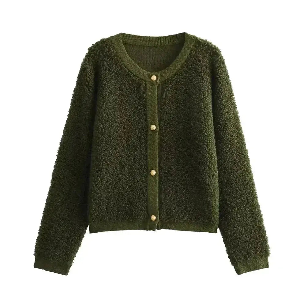 Bouclé-Cardigan Damen mit Knopfleiste und Rundhals, kurz geschnitten in Grün