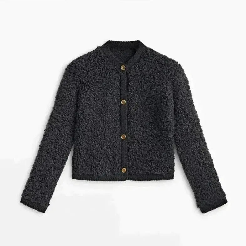 Bouclé-Cardigan Damen mit Knopfleiste und Rundhals, kurz geschnitten in Schwarz