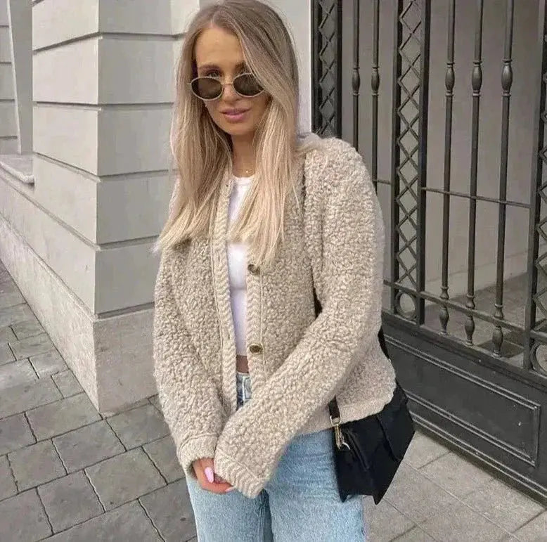 Bouclé-Cardigan Damen mit Knopfleiste und Rundhals, kurz geschnitten