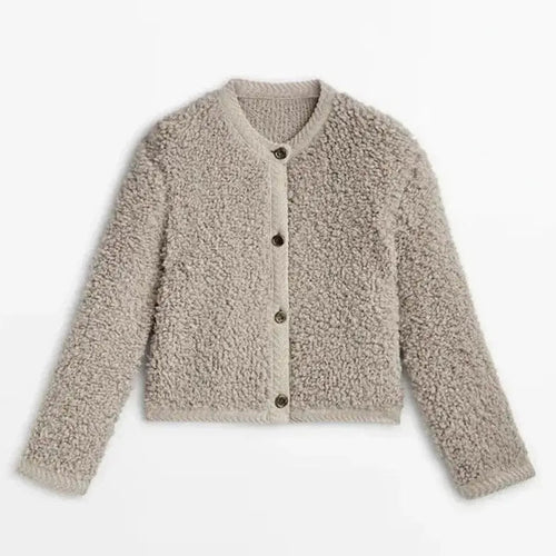 Bouclé-Cardigan Damen mit Knopfleiste und Rundhals, kurz geschnitten in Khaki