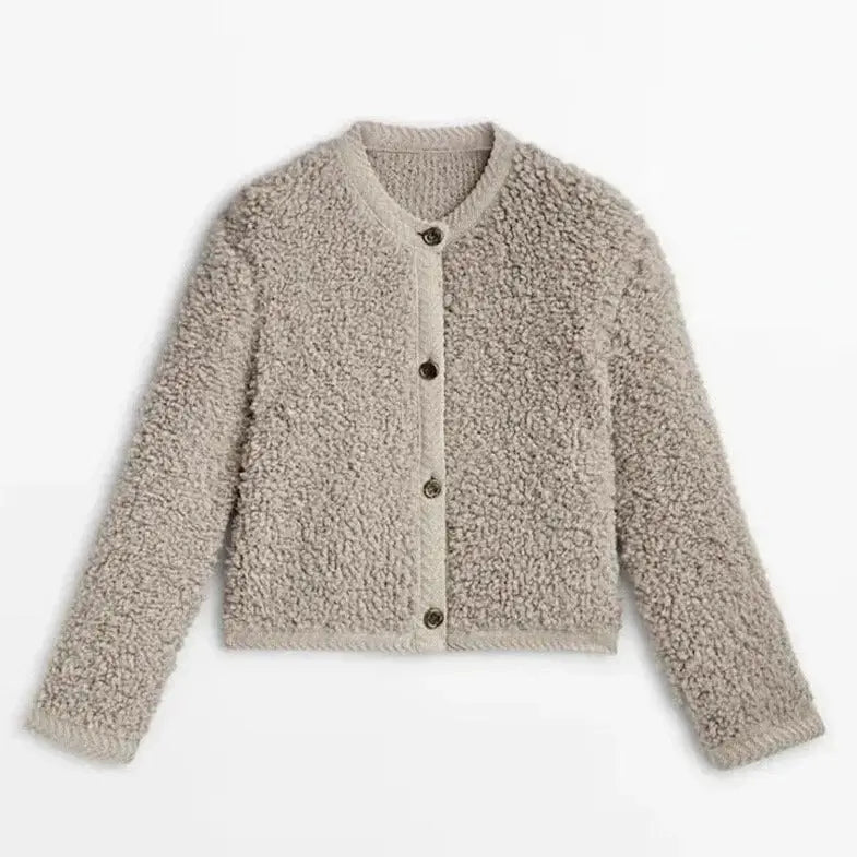Bouclé-Cardigan Damen mit Knopfleiste und Rundhals, kurz geschnitten in Khaki