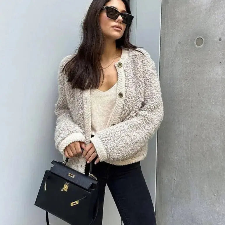 Bouclé-Cardigan Damen mit Knopfleiste und Rundhals, kurz geschnitten - Ansicht 2