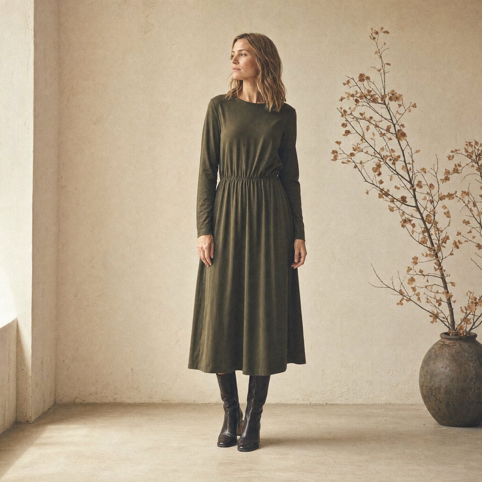 Langärmliges Midikleid in Oliv vor heller Putzwand