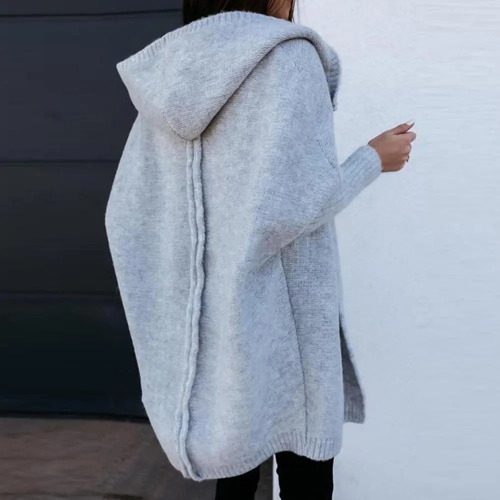 Lange Strickjacke Damen in Grau mit Kapuze, offener Long-Cardigan - Ansicht 5