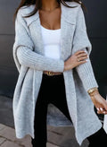 Lange Strickjacke Damen in Grau mit Kapuze, offener Long-Cardigan in Grau