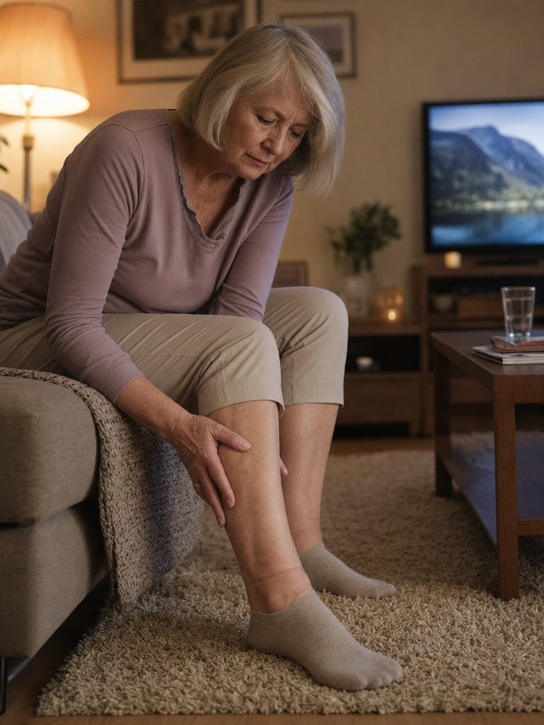 Frau massiert sich abends im Wohnzimmer die schwere Wade