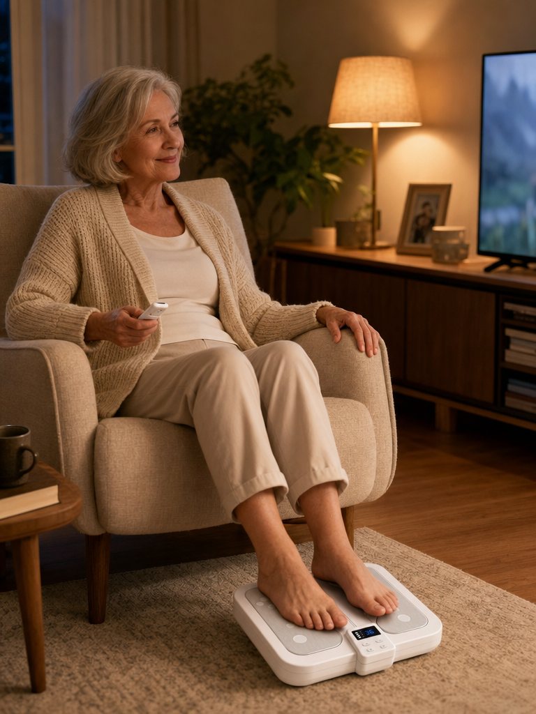 Renate abends in ihrem Sessel im Wohnzimmer