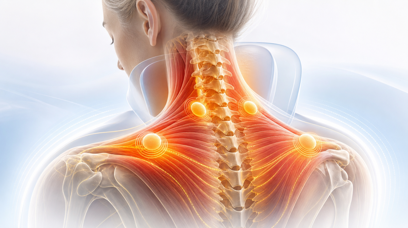 Biologische Darstellung von Nackenmuskulatur, Wärme und Shiatsu-Druckpunkten